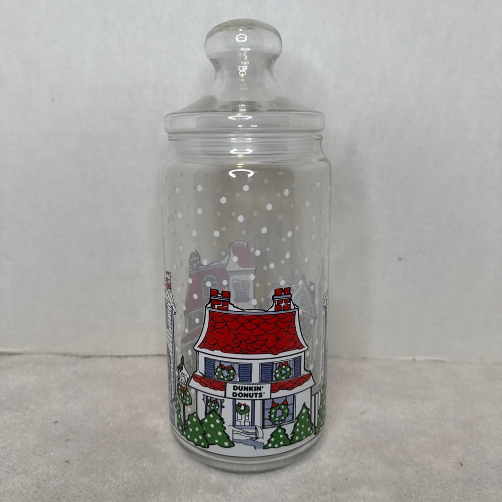 Vintage‎ 90's Dunkin Donuts Glass Coffee Treat Jar w Lid  Christmas Winter